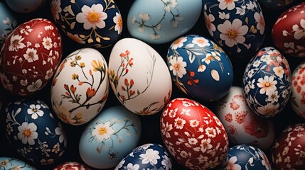 Fototapeta na wymiar Lots of Easter eggs with floral pattern. Festive background.