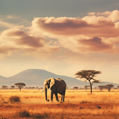 Lone elephant walking across the vast African savannah