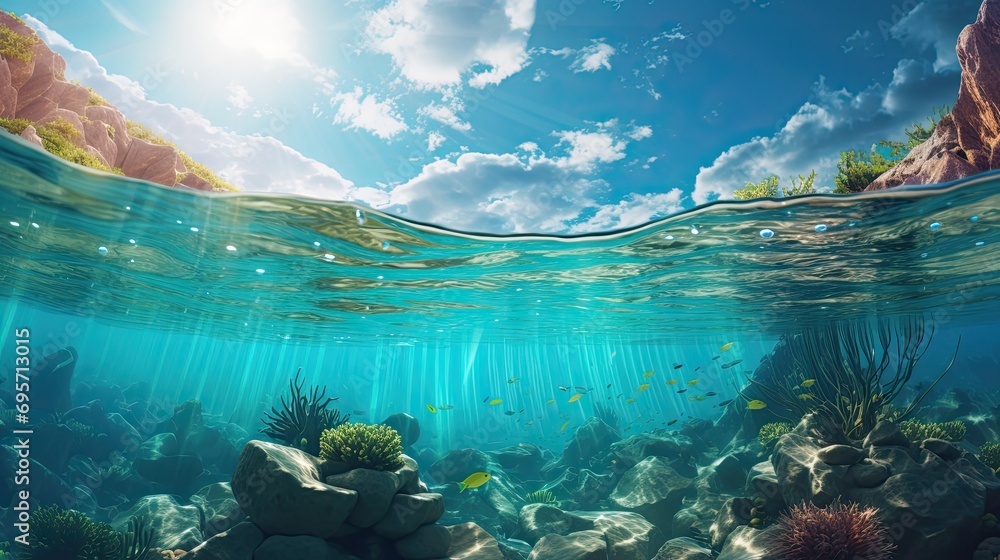 Wall mural Split underwater view with sunny sky and serene sea