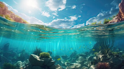 Split underwater view with sunny sky and serene sea - obrazy, fototapety, plakaty