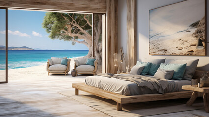 3D rendering of a modern bedroom in a villa with sea view,Generative AI