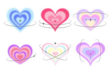 Y2k blurred heart. Gradient aesthetic sticker with stars on orbits. Soft glow effect with aura. Cute smooth futuristic vector collection
