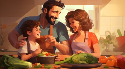 Joyful family cooking together: happy parents and children in a kitchen scene