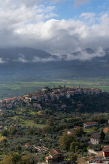 vertical view of the Vallo di Diano with the town of Atena Lucana in the foreground