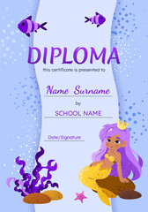 Diploma certificate template with cute mermaid for kids.