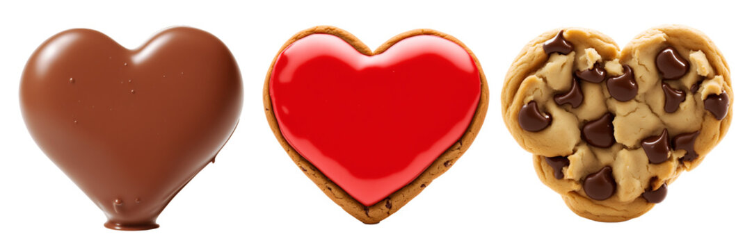 Chocolate heart, chocolate chip cookies and cookies with red icing sugar in the shape of a heart. A set of PNG isolated image on a transparent background for Valentine's Day.