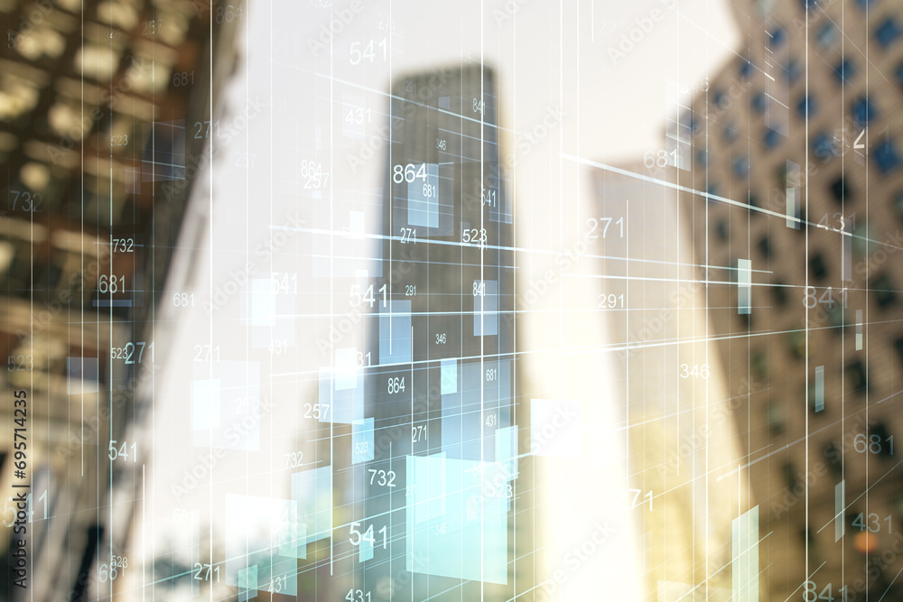Poster multi exposure of stats data illustration on office buildings background, computing and analytics co