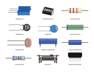 Set of different types of resistor collection, consist of Trimmer, Potentiometer, Resistor, Surface, Mount, Fixed, Thermistor, Varistor, LDR, Photoresistor, Cermet, Thick, Thin, Rheostat.
