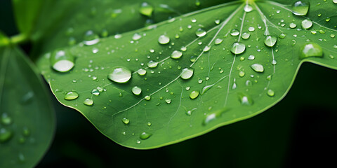 Green leaves with water drops Serenade of Rain Captivating Green Foliage with Water Droplets  
