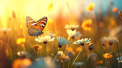 Fototapeta na wymiar Summer Wildflowers and Fly Butterfly in a meadow at sunset