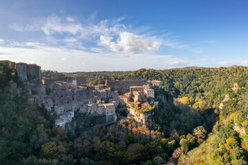 drone view of the fortified medieval village of Sorano in Tuscany