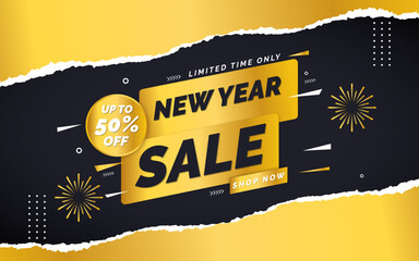 Happy New year sale banner on sky full of gold fireworks.