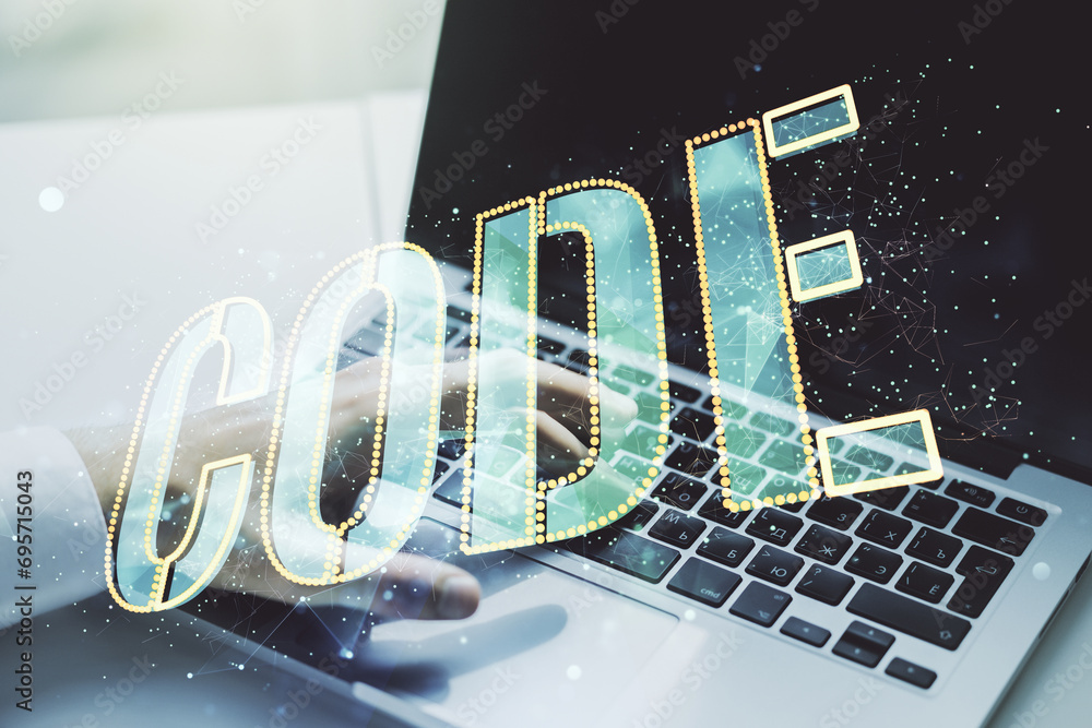 Poster creative code word sign and hands typing on laptop on background, international software development