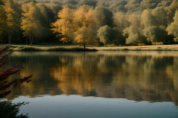 Fototapeta premium Photos of Serene lake with background of mountain in Autumn