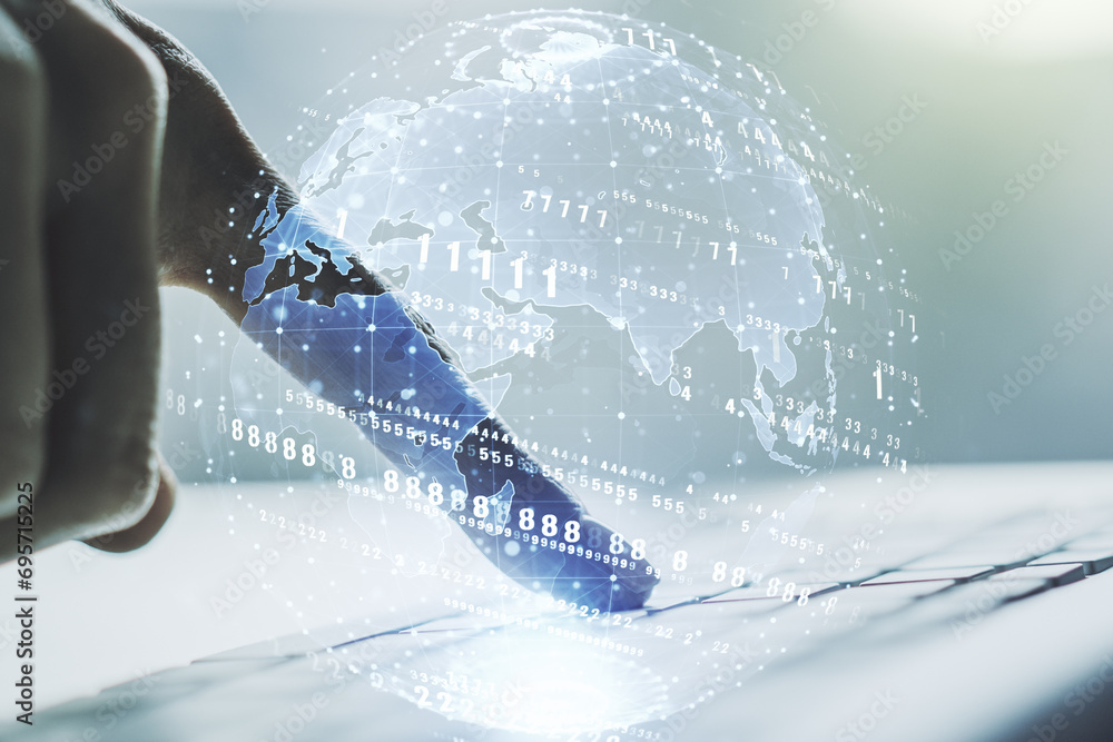 Poster abstract creative coding illustration with world map and hands typing on laptop on background, inter