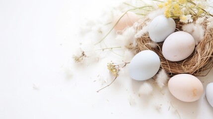 Fototapeta na wymiar Lots of Easter eggs in soft pastel colors. Minimalist simple decor in Scandinavian style