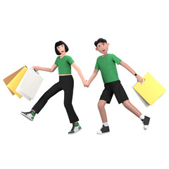 Shopaholic couple happy holding hands shopping bag discount