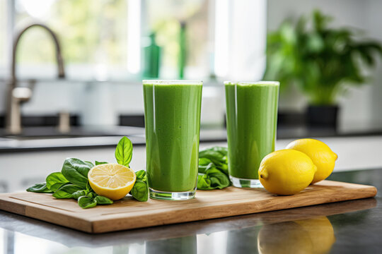 green juice in the glass with lemon fruit