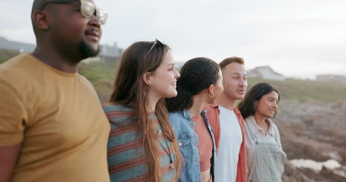 View, peace or friends at a beach for travel, sightseeing or fun on vacation, talking in conversation. Break, speaking or people relax in nature with support, freedom or bond together on Miami trip