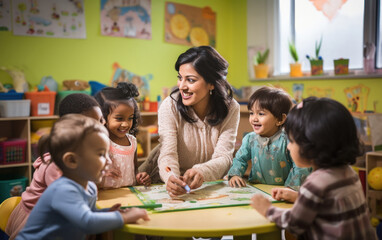 young indian teacher with little students