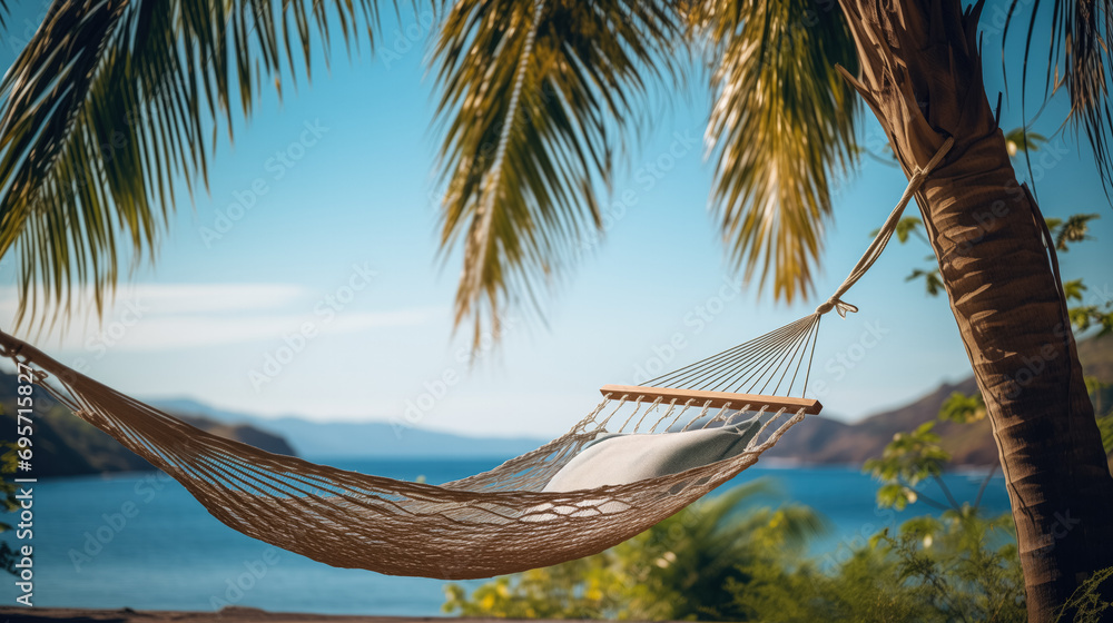 Poster palm tree hammock by the ocean with copy space background