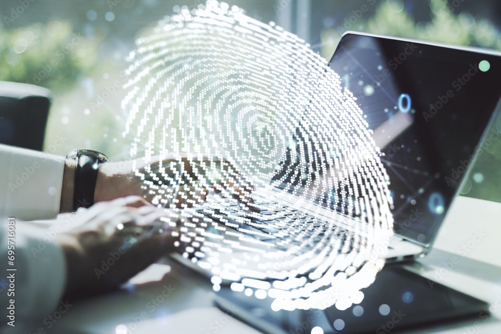 Poster abstract creative fingerprint concept with hands typing on laptop on background. multiexposure