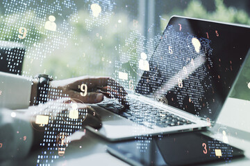 Double exposure of social network icons concept with world map and hands typing on laptop on background. Marketing and promotion concept