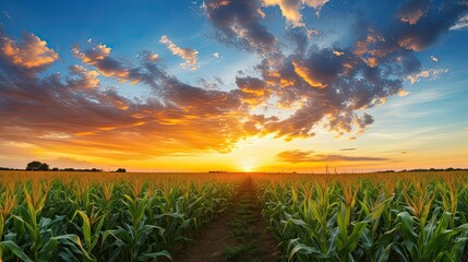 Sunset over cornfield with blue sky and clouds agriculture