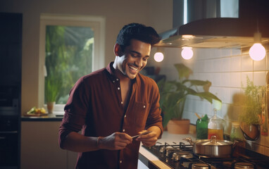 Young Indian man cooking at the kitchen - obrazy, fototapety, plakaty