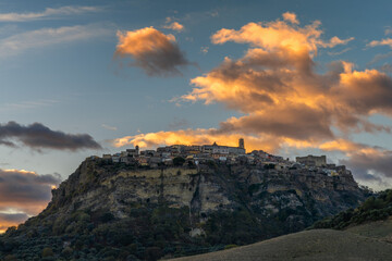 view of the hilltop village of Santa Severina in Calabria at sunrise