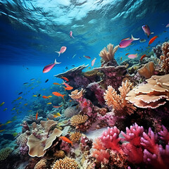 Fototapeta premium A mesmerizing underwater view of colorful coral reefs surrounded by a variety of fish species. AI Generative.
