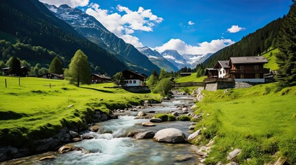 Fototapeta na wymiar Swiss Landscape With River Stream And Houses