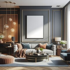 Mockup poster frame on living room wall, luxury apartment background with modern design. Modern interior design. Generative AI.