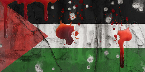 Weathered flag of Palestine painted on a cracked wall with bullet holes, dripping blood and blood...