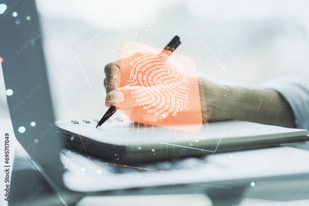 Leinwandbilder multi exposure of creative fingerprint hologram with hand writing in notebook on background with lap