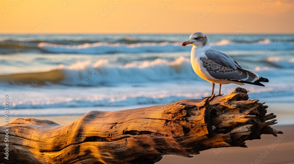 Poster a dusk settling over an undisturbed beach with a seagull resting on a driftwood log and ample copy s