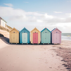 Fototapeta na wymiar Row of beach huts in pastel colors along a sandy shore.
