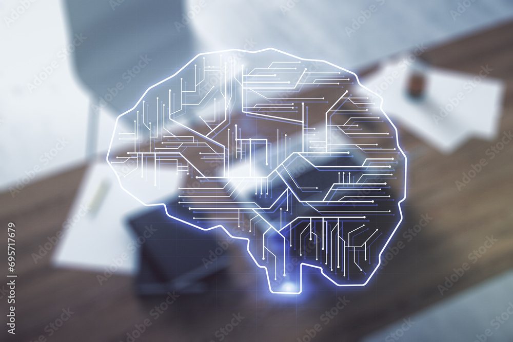Aufkleber Double exposure of creative human brain microcircuit and modern desk with computer on background. Future technology and AI concept
