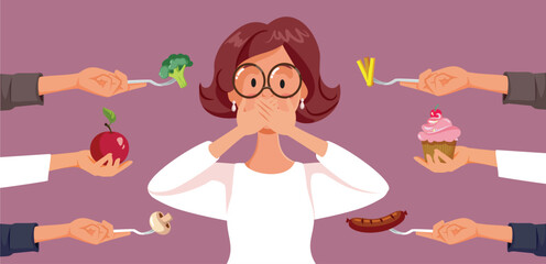 Vector People Giving Food to a Woman Making her Uncomfortable. Party guess refusing so many snacks in front of her 
