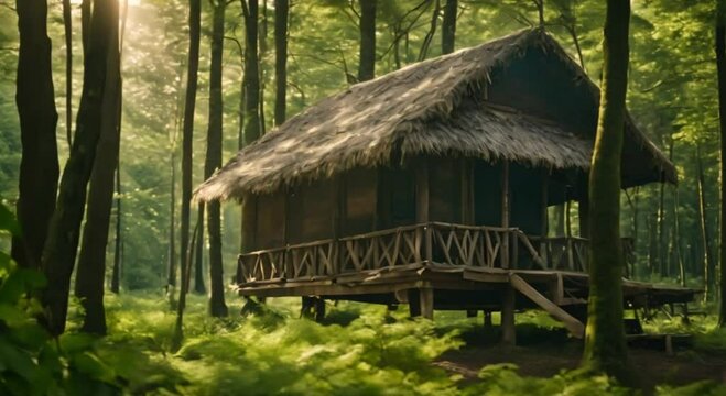 hut in the middle of a natural green forest