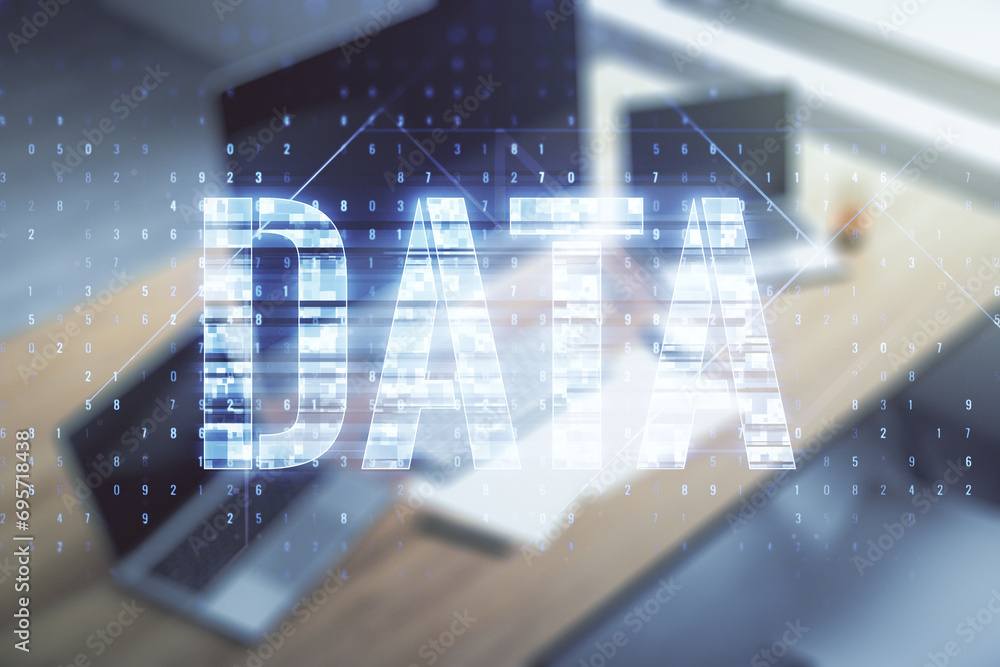 Poster creative data word sign and modern desktop with computer on background. multiexposure