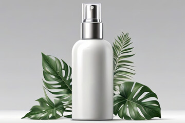 spray, fresh lotion, tropical leaves, silver design, packaging mockup, skin care cosmetics .Generative AI technology   