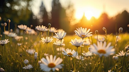 The landscape of white daisy blooms in a field with the