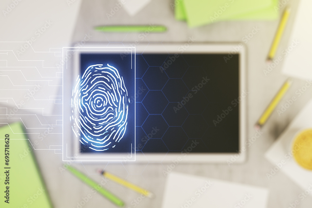Aufkleber Abstract creative fingerprint illustration and modern digital tablet on desktop on background, top view, personal biometric data concept. Multiexposure