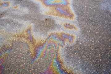 Oil stain, Gas Stain drop from the Car on the Parking Lot Floor. Environmental pollution concept