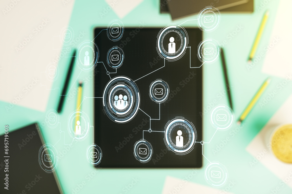 Aufkleber double exposure of social network icons concept and modern digital tablet on background. networking 