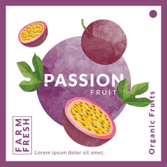 Passion fruit packaging design templates, watercolour style vector illustration.