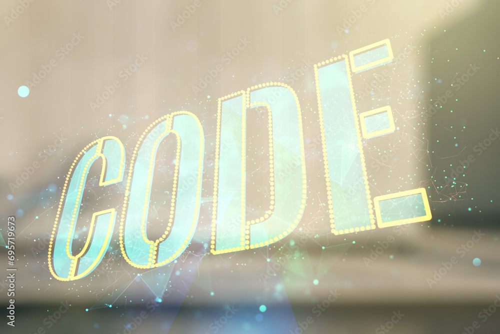 Poster code word hologram on modern business center exterior background, artificial intelligence and neural
