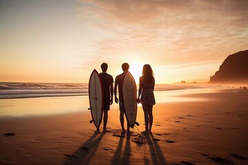 Young group of friends walking along the sandy beach near the ocean at sunset with surfboards, outdoor activities and sports holidays