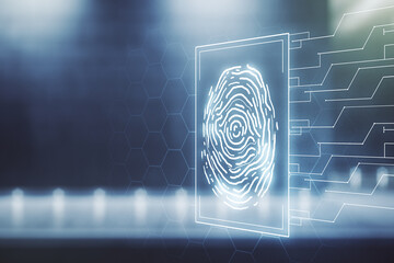 Multi exposure of virtual creative fingerprint hologram on modern business center exterior...